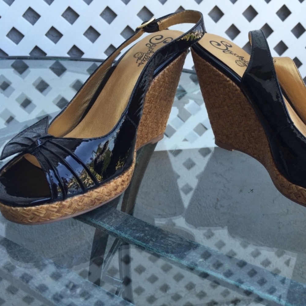 SEYCHELLES Black Peep Toe Wedges Sz 7.5 Boho